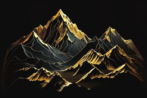 Gold Mountain Painting, Mountain Resin Art, Mountain Graphic Design, Mountain Line Drawing, Black And Gold Wall Art, Paper Cutout Effect, Mountain Line Art, Illustration Mountain, Black And Gold Art