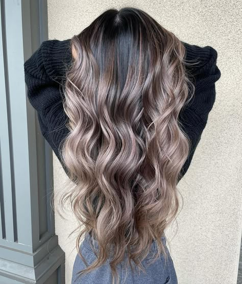 Ashy Bronde Balayage Dark Roots, Black Roots Balayage, Black Blonde Balayage, Dark Hair Transformation, Full Balayage, Black Hair Balayage, Wine Hair, Brown Hair Inspo, Brunette Hair With Highlights