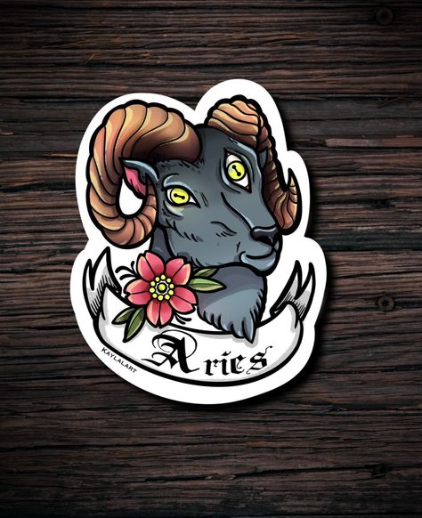 Aries Neo Traditional Tattoo, Aries Traditional Tattoo, Aries Sticker, Self Love Tattoo, Aries Tattoo, Zodiac Tattoos, Zodiac Tattoo, Zodiac Astrology, Neo Traditional