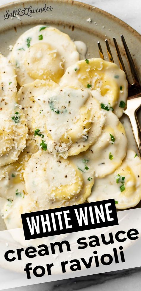 Italian White Wine Sauce, Easy White Wine Sauce, White Wine Butter Sauce Pasta, Butter Wine Sauce Pasta, Tortellini White Wine Sauce, Ravioli In White Sauce, Ravioli In Cream Sauce, White Wine Pesto Sauce, Easy White Wine Pasta Sauce