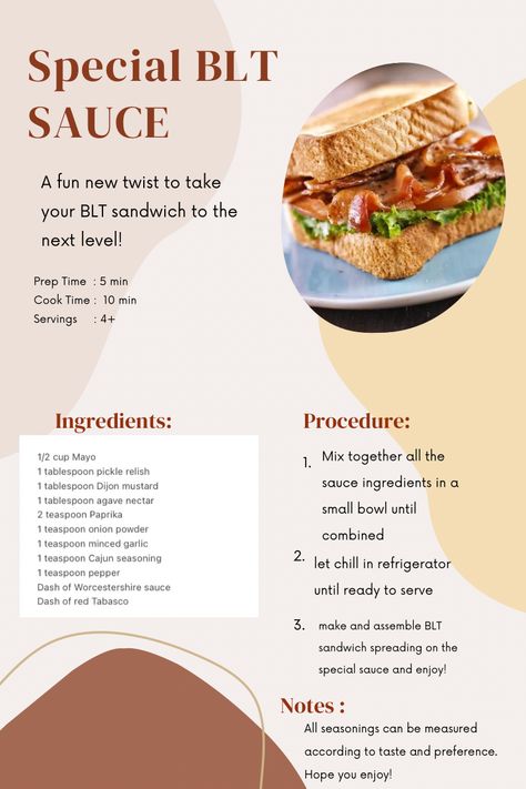 Take your basic BLT sandwich to the next level with this special sauce ! Sauce For Blt Sandwich, The Best Blt Sandwiches, Blt Sauce Recipes, Gourmet Blt Sandwich, Blt Recipes Sandwiches, Blt Wraps With Secret Sauce, Blt Sandwich Sauce, Best Blt Sandwich Recipes, Blt Ideas