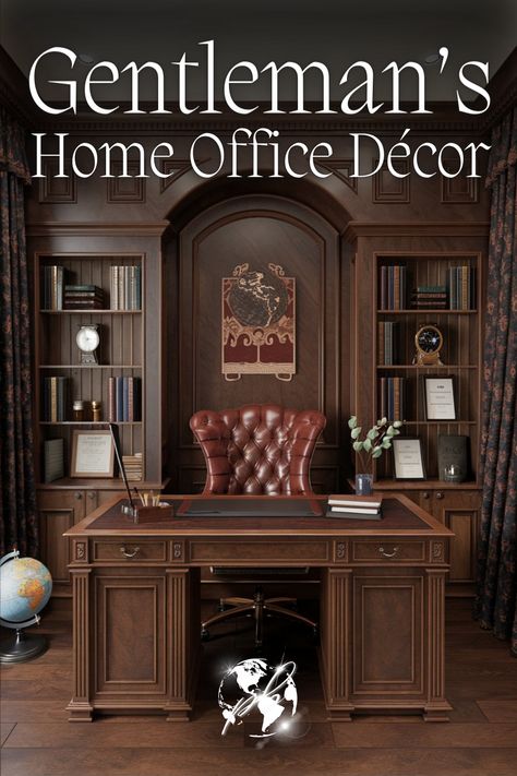 Warm wooden hues paired with dark accents create a cozy, sophisticated gentleman's office. Use natural tones like walnut and mahogany combined with modern rustic decor to create a balanced and inviting workspace. Perfect for a rustic yet modern office design. #woodandblackinteriordesign #rusticmensoffice #warmwoodhues #modernrusticdecor #officerusticdesign #woodfurniturediy #manofficeideas #woodstonemetalinteriordesign Restoration Hardware Office Ideas, Man Office Ideas, Gentleman's Office, Gentlemens Room, Metal Interior Design, Rustic Home Office, Home Office Decor Ideas, Law Office Decor, Rustic Home Offices