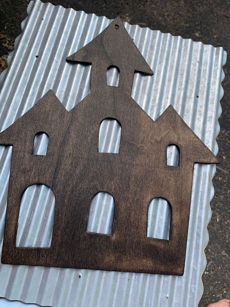 Dollar Tree Haunted House | Roost + Restore Halloween Village Houses, Dollar Tree Haunted House, Wooden Haunted House, Diy For Fall, Diy Haunted House, Diy Halloween Village, Vintage Halloween Crafts, Haunted House Craft, Diy Halloween Ghosts