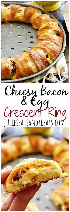 Cheesy Bacon & Egg Crescent Ring Recipe ~ Flaky Crescent Rolls Stuffed with Scrambled Eggs, Cheese, and Bacon for a Delicious Breakfast Recipe! Crescent Breakfast Tart, Crescent Ring Recipes Breakfast, Pastry Ring Recipes, Pillsbury Ring Recipes, Bacon And Egg Crescent Rolls, Breakfast Crescent Roll Ring, Dessert Ring Recipes, Breakfast Ring With Crescent Rolls, Pillsbury Crescent Ring Recipes