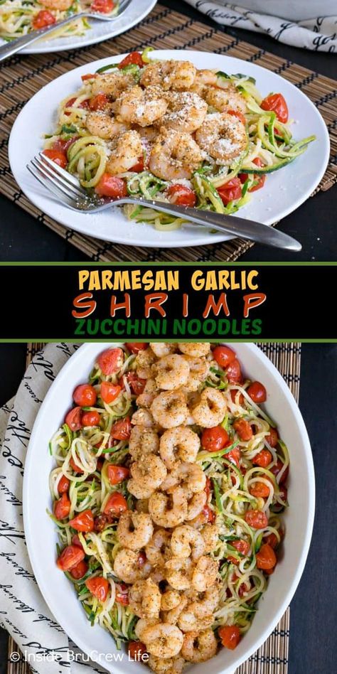 Parmesan Garlic Shrimp Zucchini Noodles - this easy dinner is loaded with zucchini noodles, tomatoes, and baked shrimp. Great lean and green option when you are eating healthy. Shrimp And Zucchini, Shrimp Zucchini Noodles, Shrimp Zucchini, Lean Protein Meals, Zucchini Noodle Recipes, Lean And Green, Shrimp Recipes Healthy, Healthy Shrimp, Lean Meals