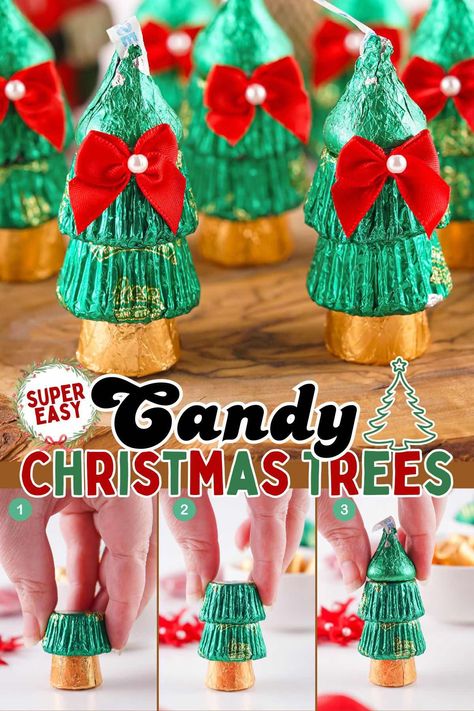 Candy Christmas Trees Grinch Candy Christmas Tree, Hersheys Christmas Tree, Reeses Trees Christmas Treats, Reese Christmas Tree, Candy Train Craft, Christmas Candy Skewers, Christmas Gifts Made From Candy, Christmas Sleigh Candy, Reese’s Christmas Trees