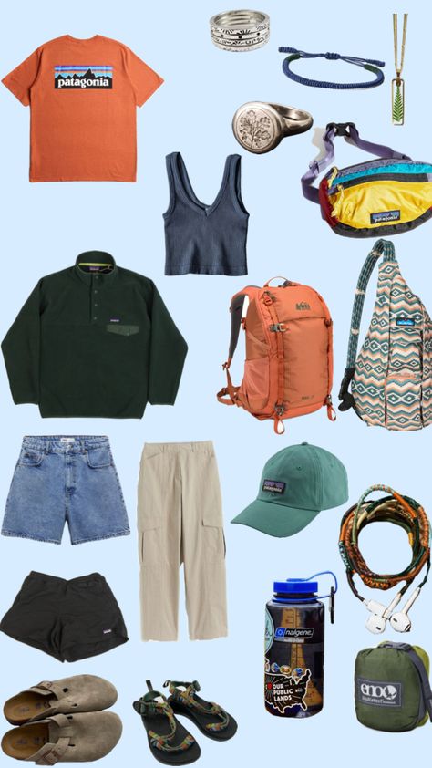 granola girl outfit!! #granolagirl #granolaaesthetic #outfitsinspo #outdoor #outdoorsy #outdoorsygirl Rei Employee Outfit, Outdoor Clothes Aesthetic, Granola Wedding Guest, Patagonia Outfit Shorts, Athletic Granola Outfits, Cute Climbing Outfit, Wanderlust Aesthetic Outfits, Patagonia Outfit Aesthetic, Granola Hiking Outfit