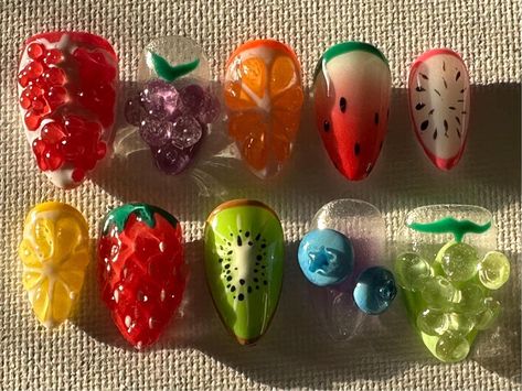 Funky 3d Nails, Colorful Wedding Nails, Nail Press On, Fruit Nails Acrylic, Kidcore Nails, Mango Nails, Weird Nails, Mismatched Nails, Fruit Nails