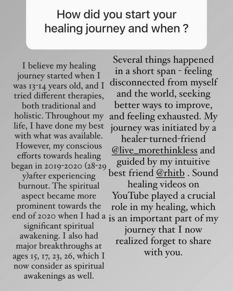 I wanted to share some questions I was asked a few months ago about my healing journey. Many of you have encouraged me to share more about my personal experiences, and that’s something I’ll try to do more in the future. In the meantime, here are my answers to some of your thoughtful questions: 💬 How I started my healing journey 💬 The gifts I share through this work 💬 My biggest fear and how it has shaped my growth There are parts of my journey that, with time and reflection, I’ve come to... Self Healing Journey, Thoughtful Questions, My Biggest Fear, My Healing Journey, Biggest Fear, Biggest Fears, Some Questions, In The Meantime, Self Healing