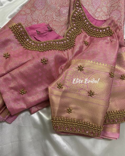 Customised Simple work blouse by elite bridal 💓 Simple Gold Work Blouse Designs, Simple And Grand Look Blouse Designs, Simple Bead Work Aari Blouse, Aari Work Blouse Grand Design, Arri Work Blouse Designs Wedding, Aarya Work Blouse Designs, Baby Pink Blouse Designs, Unique Aari Work Blouse Designs, Golden Blouse Aari Work