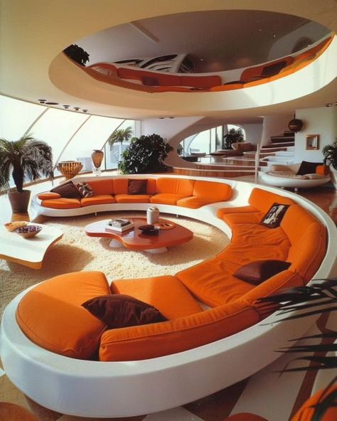 Orange living rooms by @thevxsxons Orange Living Rooms, 70s House Decor, Furniture Magazine, Dream House Aesthetic, 80s Interior, 70s House, 70s Interior, Retro Interior Design, Sunken Living Room