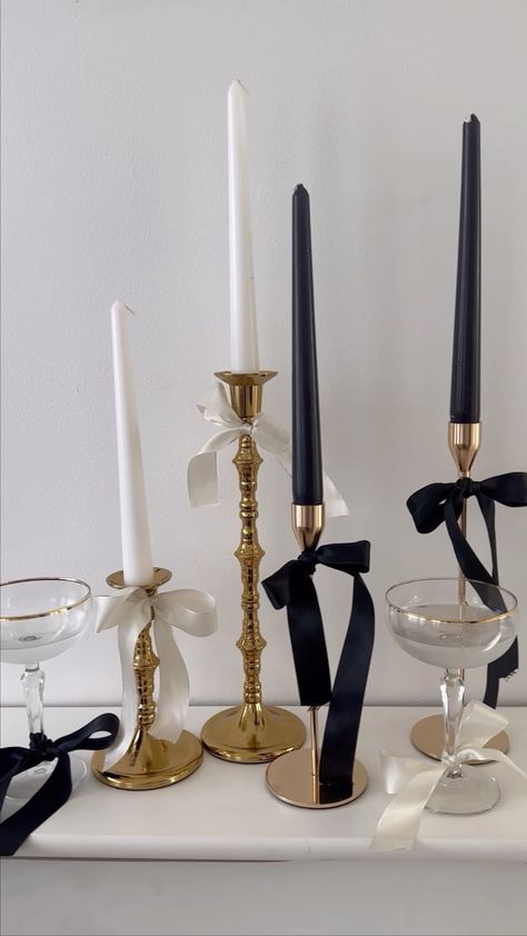 SisterStylingCo. | 𝓫𝓸𝔀-𝓮𝓪𝓾𝓽𝓲𝓯𝓾𝓵 🎀 it’s safe to say we are firmly in our bow era the perfect addition to our slim or ornate gold candlesticks for your top… | Instagram Candle Stick Table Setting, Candle Sticks With Bows, Candlesticks With Bows, Bows On Candles, Candles With Bows, Bow Candlestick, 40 Fest, Gold Candlesticks Wedding, Small Engagement Party