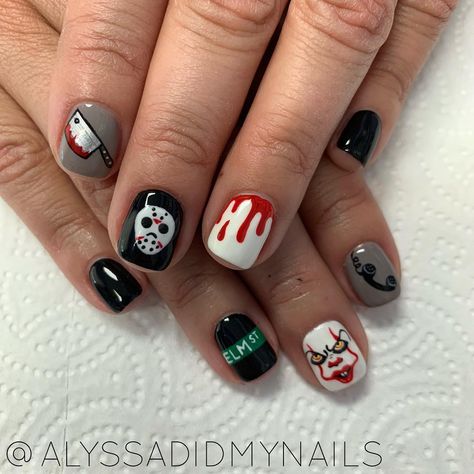 It Movie Nails, Horror Movie Nails Short, Men Halloween Nails, Horror Themed Nails Short, Micheal Myers Nails Designs, Chucky Nails Short, Short Horror Nails, Men’s Nail Art Design, Short Horror Nail Designs