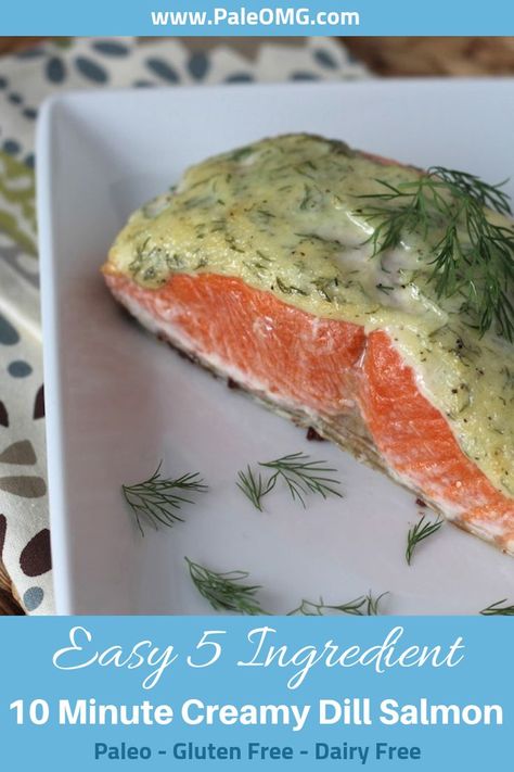 Who has time to spend hours in the kitchen? We don’t! Come see how easy this 5 ingredient salmon dinner is. This 10 minute salmon dinner will have you doing a little happy dance. We almost forgot to tell you that we also included a creamy dill sauce for the salmon that’s ready in quickly too! Don’t forget to save this paleo salmon dinner recipe to your healthy dinner board. #paleo #healthy #dinner Creamy Dill Salmon, Dill Salmon Recipes, Salmon Dinner Recipes, Dill Salmon, Garlic Butter Salmon, Butter Salmon, Dill Sauce, Paleo Lunch, Paleo Dinner