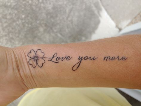 Four Leaf Clover Tattoo With Names, Love You More Tattoo, Arm Tattoos For Women Forearm, Leaf Clover Tattoo, Four Leaf Clover Tattoo, Clover Tattoo, J Tattoo, Shamrock Tattoos, Rose Tattoos For Women