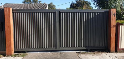 Sliding Colorbond Gates SE Melbourne | Visser Fencing | Automated and manual gate solutions for any property Main Grill Gate Design, Sliding Gate Design, Sliding Gates, Home Gate Design, Grill Gate, Grill Gate Design, House Fence Design, Condo Living Room, Custom Gates