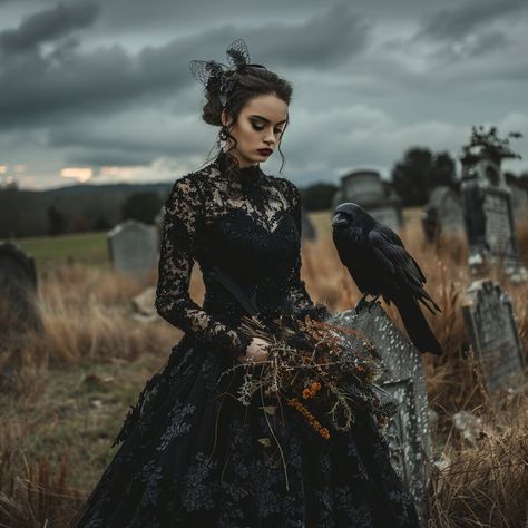 A stunning bride in a black lace gown, standing alone in a desolate graveyard, holding a wilted bouquet, with a dark, overcast sky and an ominous raven perched nearby. This vintage-inspired digital download is perfect for printing and decorating your living room, bedroom, dining area, or even your office. Elevate your space with a touch of eerie charm and academic aesthetic. Our printable wall art files are available for instant download. Whether you prefer printing at home or utilizing a printi Dark Bridgerton Aesthetic, Dark Prom Aesthetic, Bride Black Dress, Graveyard Wedding, Wilted Bouquet, Dark Bride, Norse Wedding, Raven Perched, Fantasy Wedding Dress