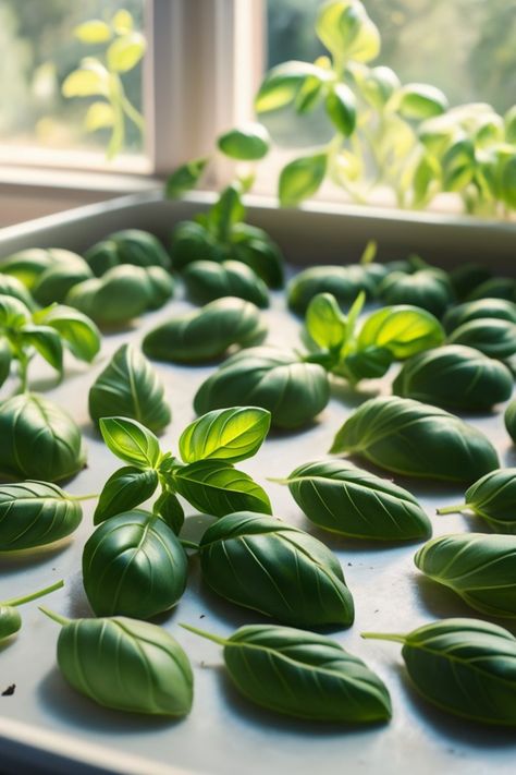 Fresh basil leaves spread out on a tray by a sunny window. How To Dry Basil Leaves, Can You Freeze Basil Leaves, How To Dry Basil Leaves In Dehydrator, Basil Drying Leaves, Dry Basil, Basil Tea, Harvesting Basil, Indoor Ferns, Dried Basil Leaves