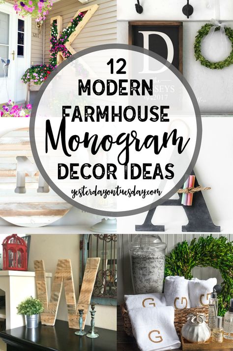 Fixer Upper Style Monogram Ideas including a planter, signs, hand towels, wreaths and more. fixer upper | monogram | modern farmhouse | decor Monogram Decor Ideas, Monogram Ideas For The Home, Farmhouse Typography, Farmhouse Monogram Sign, Rustic Letters For Wall, Family Farm House Signs, Farmhouse Wreath Monogram, Monogram Wall Decor, Farmhouse Side Table