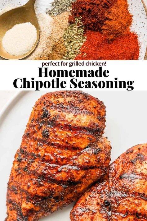 Chipotle Seasoning - a simple, easy homemade chipotle seasoning that is perfect for grilled or cast iron chicken! #chipotleseasoning #chipotleseasoningrecipe #chipotleseasoningrecipespices #homemadechipotleseasoning #homemadechipotlechickenseasoning Chipotle Powder Recipe, Chipotle Seasoning Recipe, Cast Iron Chicken Recipes, Grilled Chicken Seasoning, Chipotle Chicken Marinade, Easy Bean Recipes, Chicken Wing Marinade, Chicken Seasoning Recipes, Chipotle Recipes Chicken