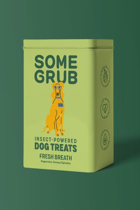 Rhombus Studio collaborates with Some Grub to redefine responsible pet parenting with their sustainable dog treats made from insects. Inspired by retro tins from the early 1900s, the warm illustrations, balanced with hand-rendered typography and the unmistakable logo, create adorable and informative packaging highlighting Some Grub's commitment to the planet and pets' health. Dog Treat Design, Pet Products Packaging, Dog Packaging Design, Dog Treat Packaging Ideas, Pet Packaging Design, Dog Treats Packaging, Pet Food Packaging Design, Dog Packaging, Dog Food Packaging