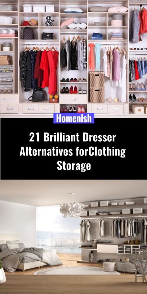 A dresser is one of the most common and traditional clothing storage solutions in the bedroom, but it’s not the only option for storing your bedding and clothes. All types of dressers have some disadvantages, which I will go into some detail below, so it’s always good to consider other alternatives for extra storage space. Clothes Storage Ideas No Dresser, Dresser Alternative, Clothes Bedroom, Organize Closet Space, Best Dresser, Cottagecore Kitchen, Traditional Dressers, Bedroom Organization Storage, Wall Closet