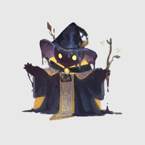 Cute Mimic Dnd, Wizard Robes Drawing, Cute Wizard Art, Cloaks Drawing Reference, Plasmoid Wizard, Chronurgy Wizard Art, Big Hat Character Design, Cute Wizard Drawing, Wizard Drawing Reference