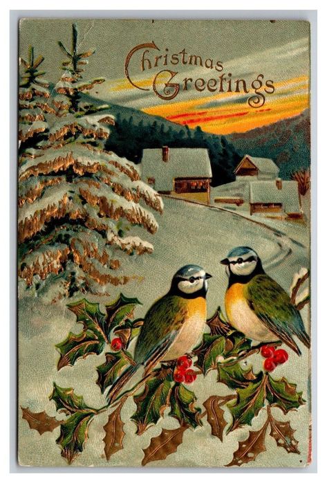 Postcard Christmas Greetings Cottage Birds Holly Snow Embossed Metallic Accents | #4636544774 Vintage Holiday Cards, Winter Cottage, Vintage Christmas Images, Winter Bird, Christmas Bird, Christmas Graphics, Old Christmas, Old Fashioned Christmas, Antique Christmas