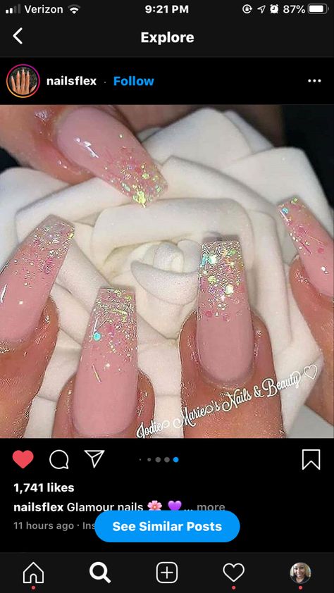 Simple But Glam Nails, Ombre Nail With Rhinestones, 30th Birthday Nail Ideas, Chunky Glitter Nails Acrylics, Vegas Nails Ideas Sparkle, Blue Green Nails, Glitter Nail Ideas, Pink Nails Inspiration, Nail Art Christmas