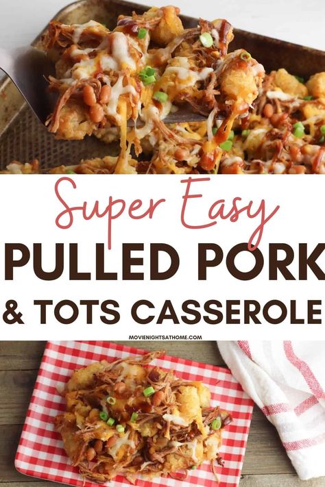 This tater tot & pulled pork casserole recipe is a great way to used leftover BBQ! This family favorite includes BBQ sauce, cheese, and beans. Shredded Pork Tater Tot Casserole, Bbq Pulled Pork Casserole, Pulled Pork Tator Tot Nachos, Recipes With Bbq Pork, Pull Pork Casserole, Using Pulled Pork Leftovers, Pulled Pork Hashbrown Casserole, Ideas For Pulled Pork Leftovers, Bbq Tater Tot Casserole