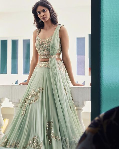 1,996 Likes, 2 Comments - Aza (@azafashions) on Instagram: “Your search for lehengas to wear to a sangeet ceremony ends here. This soft mint green lehenga with…” Green Indian Wedding Dress, Green Lengha, Green Indian Wedding, Mint Green Lehenga, Lehenga Sari, Soft Mint Green, Sangeet Outfit, Outfits Wedding, Lehnga Dress