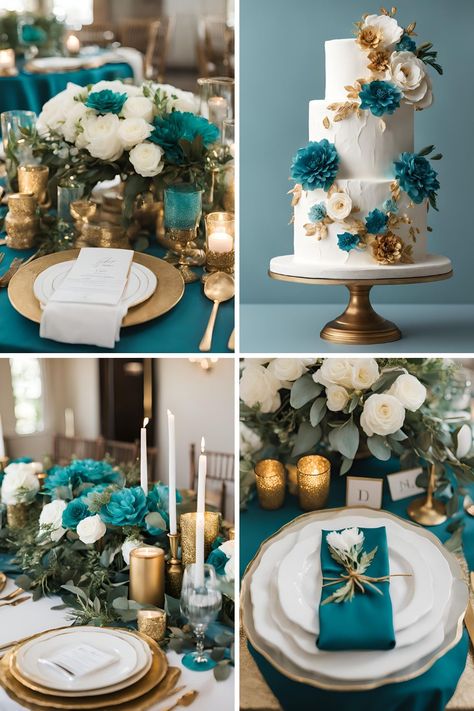 Teal Blue Wedding Color Ideas: Beautiful Teal Blue, Gold, and White Wedding Color Ideas - Francisca's Bridal Turquoise Gold And White Wedding, Blue Gold And White Wedding, Teal And Grey Wedding, Teal Blue Wedding, Teal Wedding Theme, Teal Blue Weddings, Wedding Color Palette Ideas, Gold And White Wedding, Teal Wedding Colors