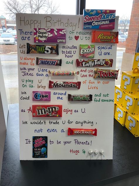 Candy Birthday Poster For Friend, 18th Birthday Candy Bar Poster, Candy Birthday Board Ideas, Candy Grams Poster, Candy Bar Message Board, Poster Board Birthday Card, 18th Birthday Candy Poster, Candy Birthday Board, Candy Birthday Cards For Friends