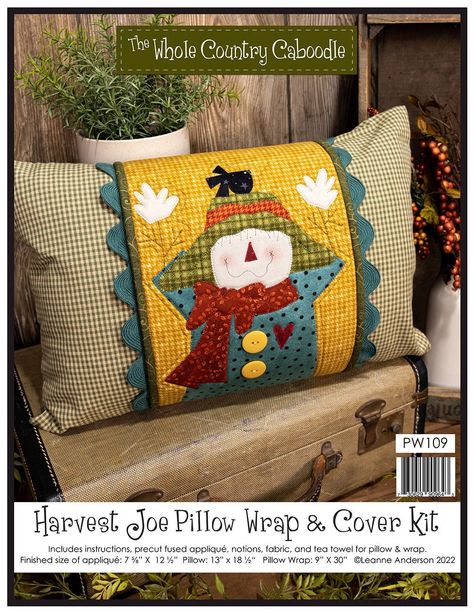 All Patterns Are Brand New From The Designer or Manufacturer! Harvest Joe Scarecrow Pillow Wrap and Cover Kit From The Whole Country Caboodle BRAND NEW, Please See Description and Pictures For More Information! Kit includes pillow wrap and cover instructions, precut fused applique, notions, fabric, single sided fusible foam batting, ric rac, hook and loop tape, and tea towel for pillow cover & wrap. Finished size of applique: 6in x 10-3/8in Pillow: 13in x 18-1/2in Pillow Wrap: 9in x 30in See Pic Cabin Pillows, Fusible Applique, Applique Kit, Christmas Pillows, Small Sewing Projects, Towel Pattern, Ric Rac, Star Quilt, Applique Designs