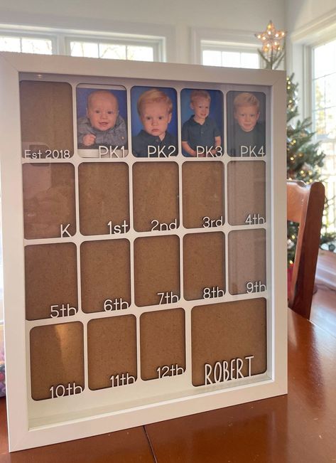 "Organize your child's PK-12 photos with this wood inner mat frame for photos of your child in every grade until graduation. This listing is for the style that includes 4 photo slots for Pre-K pictures. Small squares are about 2\"x3\" and large square is about 3.8\"x3.7\"  Fits in a 11x14 frame -- if you don't purchase from me, I recommend a display or shadow frame as width of wood is 1/8\" See last photo for font choices and enter in the personalization box. If no font is entered, Richard font Memorobelia Display, Grade Picture Display, How To Display School Pictures, K-12 Photo Display, Hall Picture Display, School Picture Display Ideas, Diy Photo Display Ideas, Ways To Display Pictures, School Pictures Display