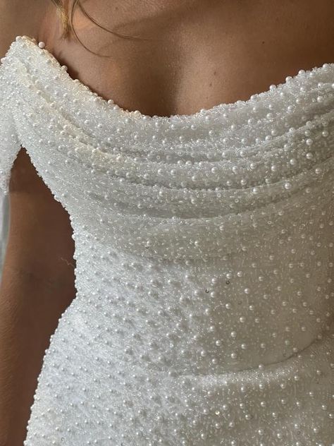 Sparkle Short Wedding Dress, Bridal Dress With Pearls, White Pearl Formal Dress, Off The Shoulder Pearl Wedding Dress, All Pearl Dress, Satin Wedding Dress Pearls, Off The Shoulder Wedding Dress With Pearls, Pearl Dresses Short, Pearl Encrusted Wedding Dress