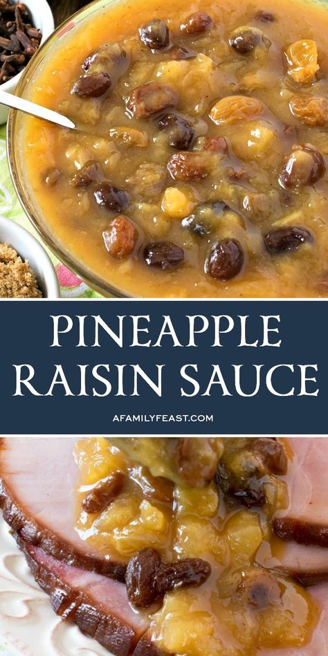 Our Pineapple Raisin Sauce is the perfect, delicious accompaniment to a holiday ham. Raisin Sauce For Ham, Sauce For Ham, Family Feast Recipes, Raisin Sauce, Ham Sauce, Side Dishes For Ham, Pineapple Sauce, Holiday Ham, Baked Ham