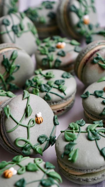 Maddie Brehm on Instagram: "Honey Herb Garden Macarons 🌿 Inspired by the book When Women Were Dragons by Kelly Barnhill— for month 2 of #maddiesbakingbookclub ! Inspired by a passage in the book, I created mini “gardens” with my macaron shells, added a few bees (because the father in the story hated them and he was THE WORST) and mirrored those flavors in my ganache! For the ganache I made a honey, mint and basil white chocolate ganache that I balanced with a bit of lemon zest! For both th Macaron Inspiration, Green Macarons, Macaron Art, Green And Gold Macarons, Macarons Design, Macaron Designs, Fairy Macarons, Macaron Ideas, Fancy Macarons