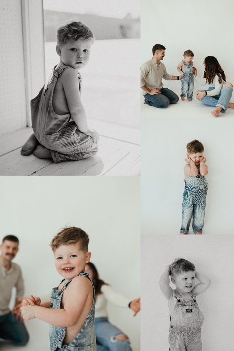 Family Pictures Jeans And White Shirts, Family Pictures White Background, Studio Styled Shoot, Family Photos White And Denim, White Backdrop Family Photos, White Background Family Photoshoot, Family Photos White Background, Toddler Studio Photoshoot, Family Photo Outfits Studio