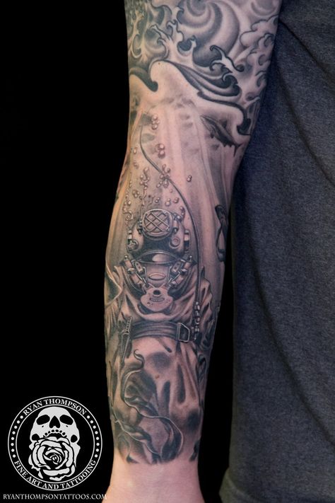 Scott's Deep Sea Diver — Ryan Thompson - Prophecy Tattoo Prophecy Tattoo, Ocean Tattoo Sleeve, Scuba Diver Tattoo, Helm Tattoo, Sea Tattoo Sleeve, Scuba Tattoo, Ship Tattoo Sleeves, Pirate Skull Tattoos, Underwater Tattoo