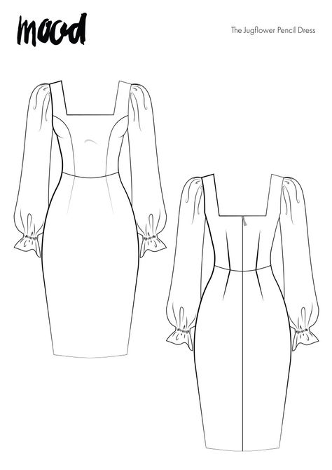 Sleek Silhouettes and Sheer Sleeves: The Jugflower Pencil Dress Free Sewing Pattern Pencil Dress Sewing Pattern, Mood Fabrics Dress, Mood Fabrics Free Pattern Dress, Party Dress Sewing Patterns, Free Sleeve Pattern, Free Pattern Dress, Pencil Dress Pattern, Sewing Patterns Dress, Mood Patterns