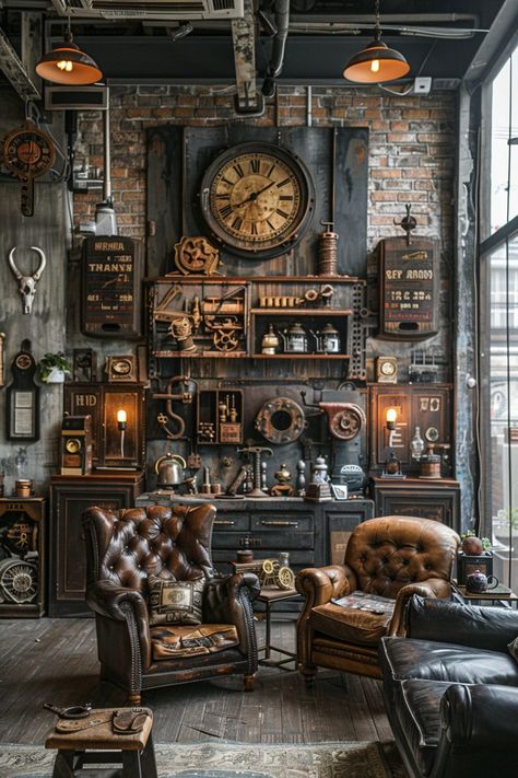 29 Industrial Living Room Ideas for Powerful Interiors - My Elegant Home Industrial Living Room Ideas, Repurposed Antiques, Steampunk Rooms, Vinyl Shower Curtain, Ideas For Small Bedrooms, Steampunk Interior, Modern And Rustic Decor, Loft Style Living, Industrial Living Room