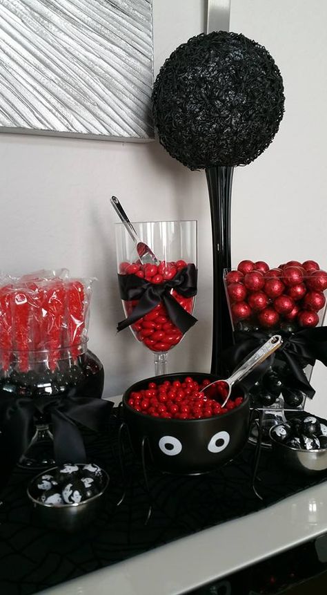 Black And Red Food Party Ideas, Red Black And White Dessert Table, Red And Black Mens Birthday Party, Black And Red Halloween Party, Red And Black Gender Reveal Party, Black Red Party Decorations, Red And Black Halloween Party, Black And Red Party Decorations, Red And Black Sweet 16 Party Ideas