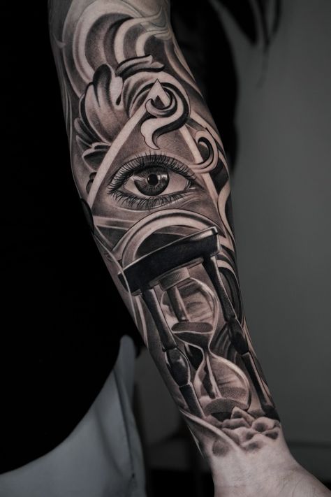 Time Waits For No One Tattoo, Eye Tattoo Sleeve, Mexican Skull Tattoos, Around Arm Tattoo, Father Tattoos, Timeless Tattoo, Card Tattoo Designs, Inner Forearm Tattoo, Hourglass Tattoo