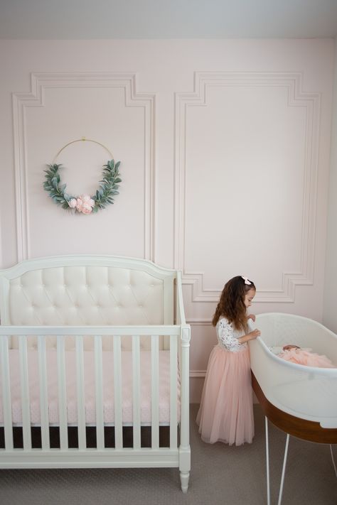 Pottery Barn Crib White, White Accent Wall Nursery, Sherwin Williams Nursery Colors Girl, Sherwin Williams Intimate White Nursery, Intimate White Paint, Pink Paint Nursery, Alabaster Nursery, Chantilly Lace Nursery, Intimate White Sherwin Williams Bedroom