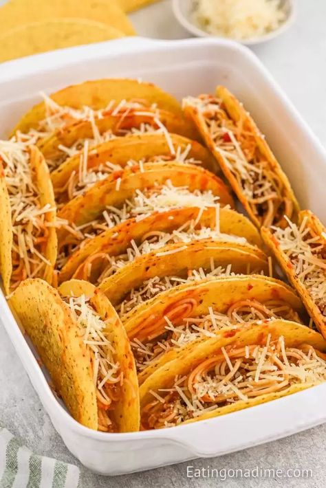 Speggetti Taco Recipe, Taco Shell Recipe Ideas, Tacos Shell Recipe, Spaghetti Tacos Recipe, Taco Spaghetti To Die For, Spagetti Tacos, Spaghetti Taco, Spaghetti Tacos, Taco Shell Recipe