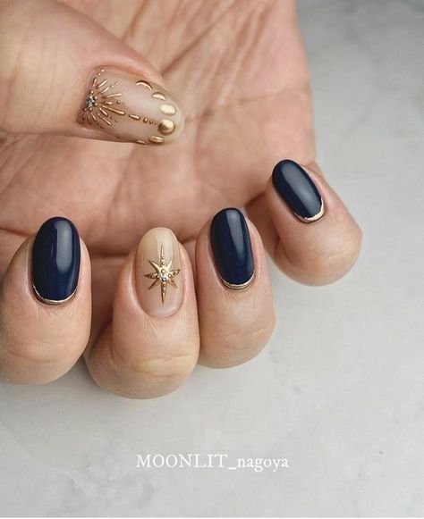 Celestial Nails Simple, Navy And Maroon Nails, Summer Celestial Nails, Star Of David Nails, Celestial Wedding Nails, Short Nails Prom, Star Of Bethlehem Nails, Short Celestial Nails, North Star Nails