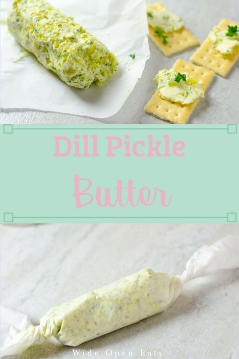 Add pickle flavor to your grilled dishes by adding a slab of pickle compound butter on top. Sounds a bit weird, but one bite and you'll be hooked. Fresh Cheese Recipe, Flavored Butter Recipes, Butter Recipes Homemade, Compound Butter Recipe, Dill Pickle Recipe, Pickle Butter, Flavored Butter, Compound Butter, Homemade Butter