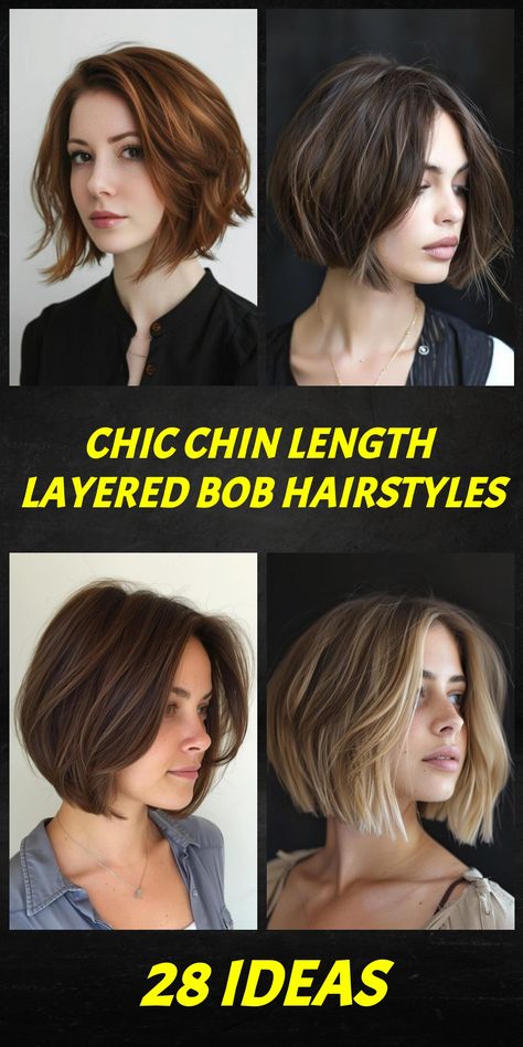 Dive into elegance with our collection of 28 chin length layered bob hairstyles. Each cut is expertly crafted to enhance your natural features and style. Chin Length Bob Thick Hair, Neck Length Bob, Chin Length Layered Bob, Straight Bob Haircut, Cute Bob Hairstyles, Graduated Bob Haircuts, Bob Cuts, Layered Bobs, Chin Length