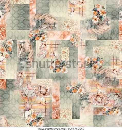 Seamless Beautiful Digital Floral Abstract Digital Stock Illustration 1554749552 | Shutterstock Digital Pattern Design, Ethnic Pattern Design, Botanical Flower Art, Teal Art, Vintage Flowers Wallpaper, Print Design Art, Flower Art Drawing, Abstract Pattern Design, Textile Pattern Design